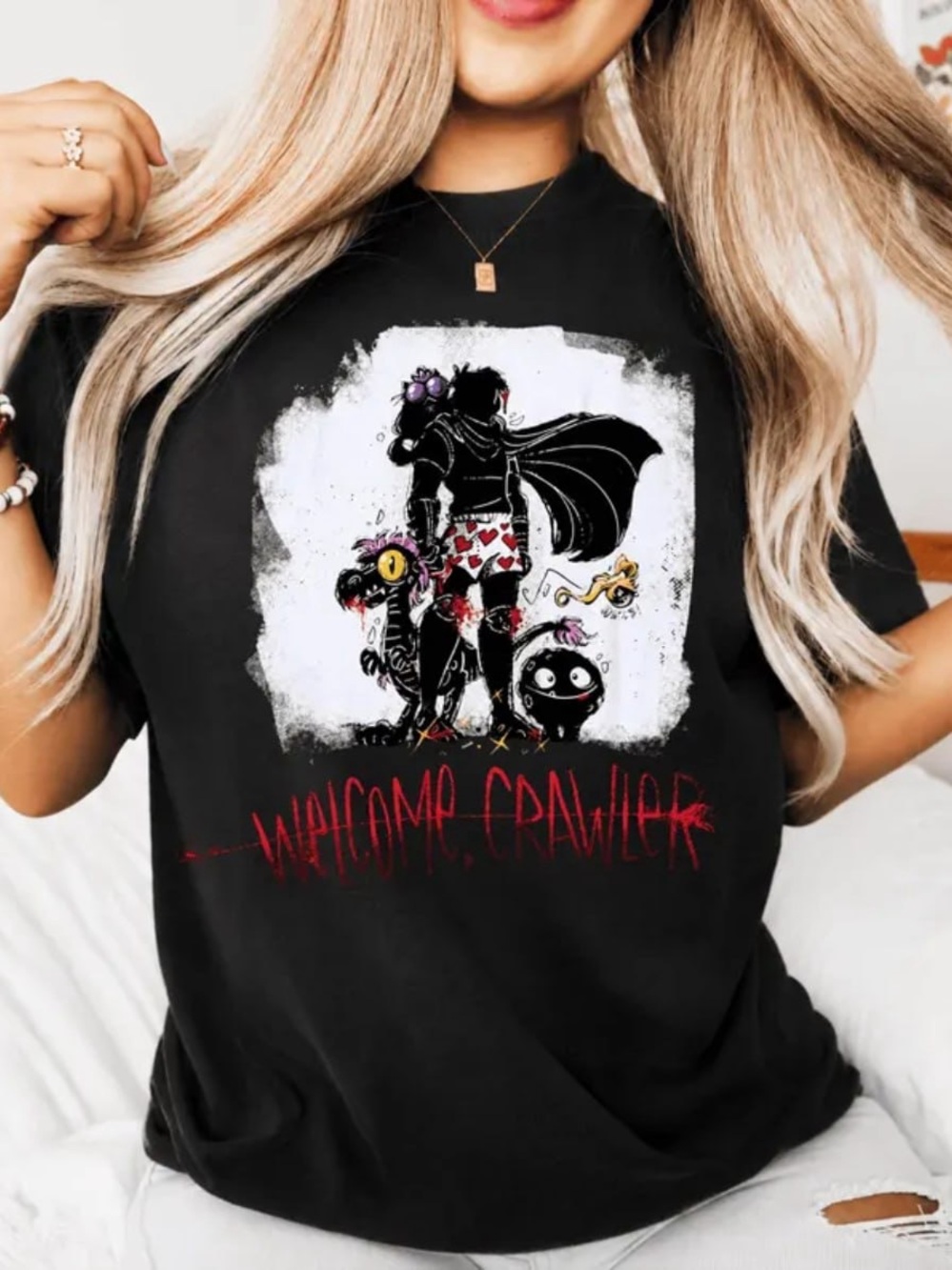 Black Short-Sleeve Tee with Colorful Graphic 'Welcome, Crawler'